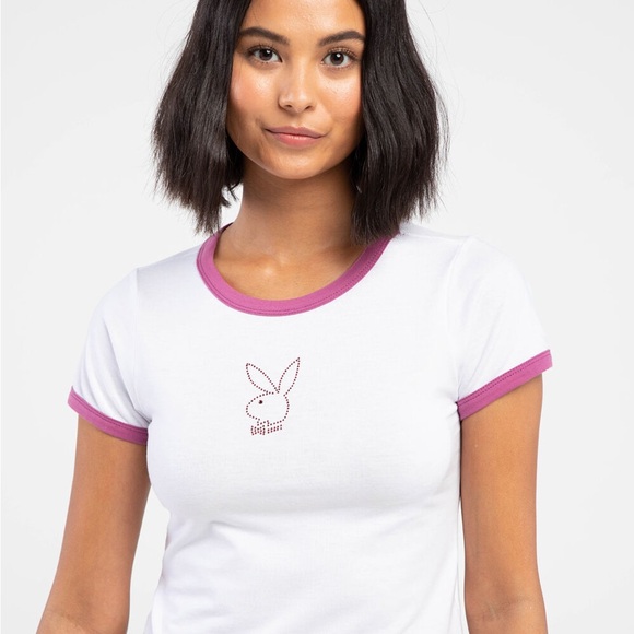 PLAYBOY Tops - Playboy Women’s Rhinestone Logo Embellished Baby Tee Size S